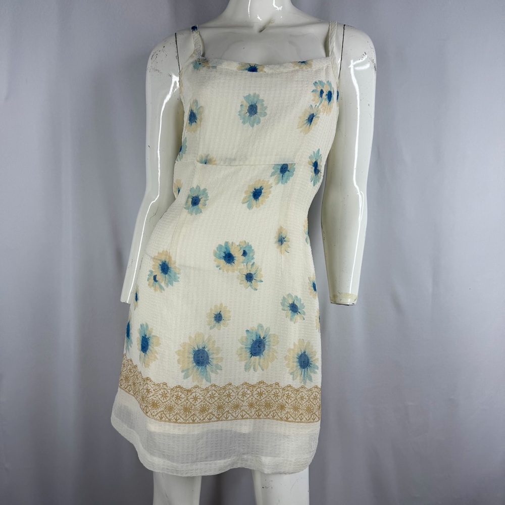 Vintage African Beat Club Beige Floral Seersucker Mini Dress - Size 9AR (S/M)
